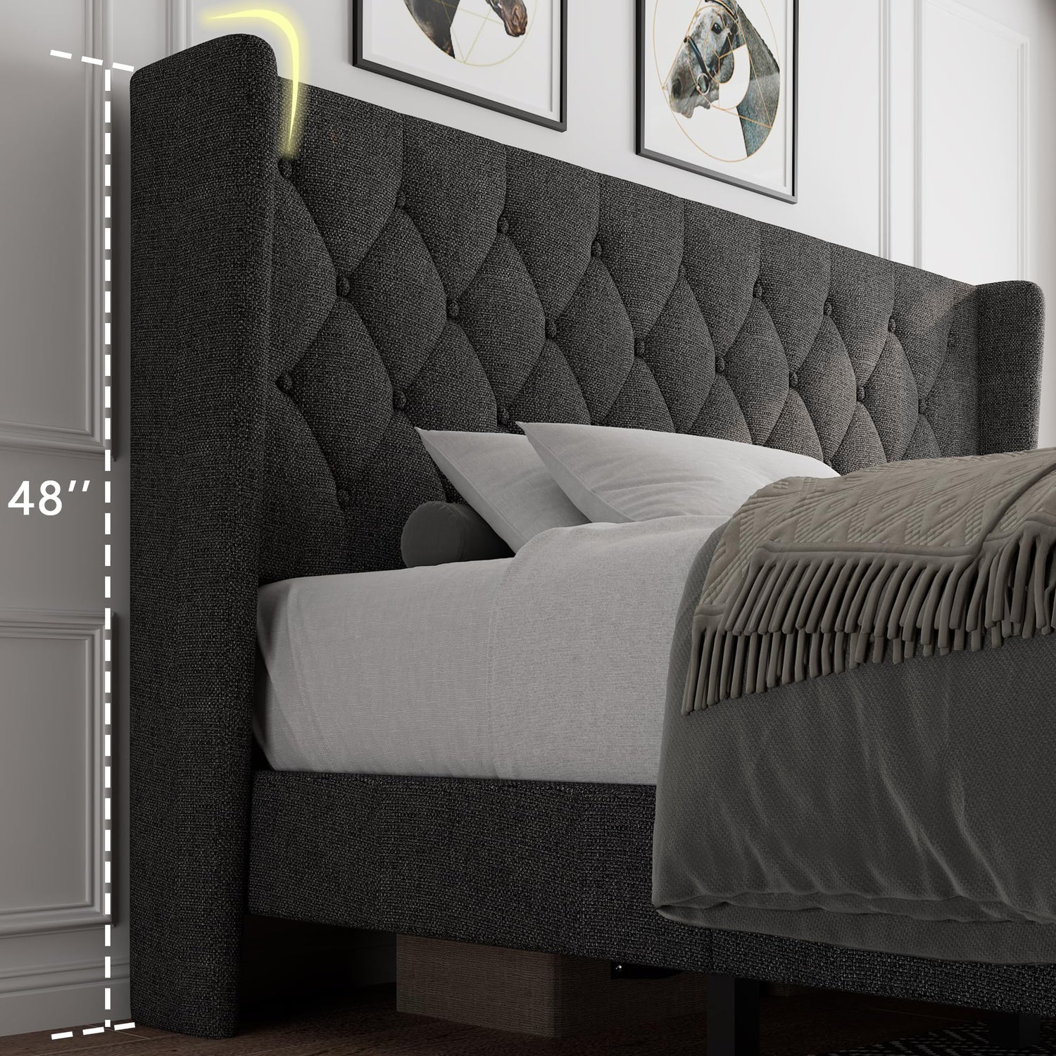 Close-up of 48-inch tall upholstered wingback headboard on king size bed frame
