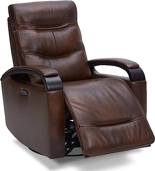 Genuine Leather Power Swivel Glider Rocker Recliner, USB Charge Power Headrest Wooden Contrast Armrest Double Layer Backrest Recliner Chair