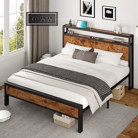 Bed Frame Industrial Platform Bed with Charging Station, 2-Tier Storage Headboard