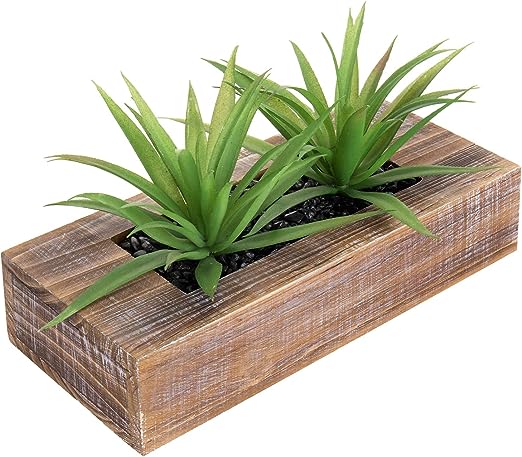 10-inch Artificial Green Grass Plants in Decorative Black Wood Rectangular Planter Pot