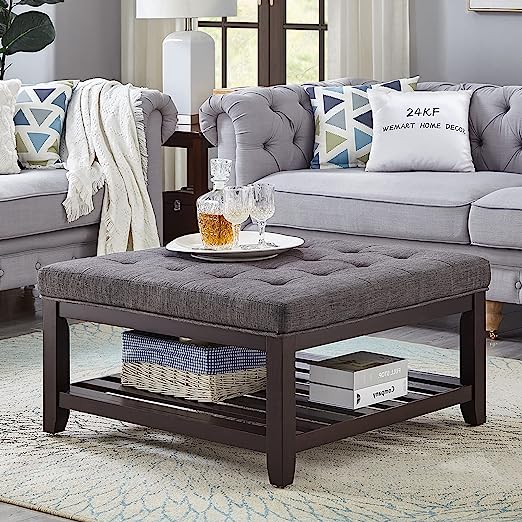 Large Square Upholstered Tufted Linen Ottoman Coffee Table