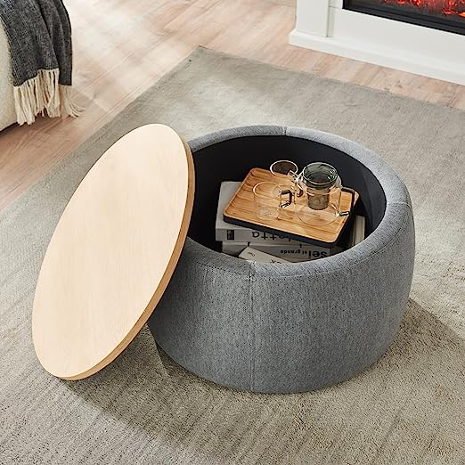 Modern Round Storage Ottoman with Wooden Lid