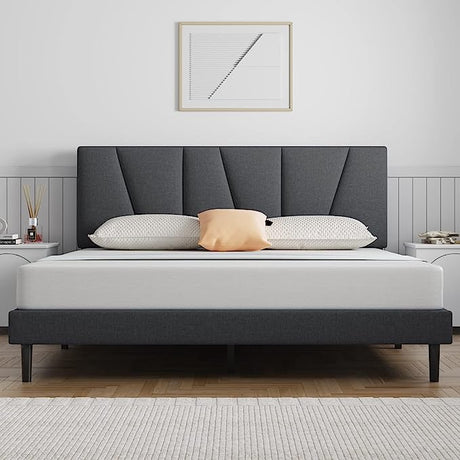 Queen Bed Frame Upholstered Platform with Headboard and Strong Wooden Slats