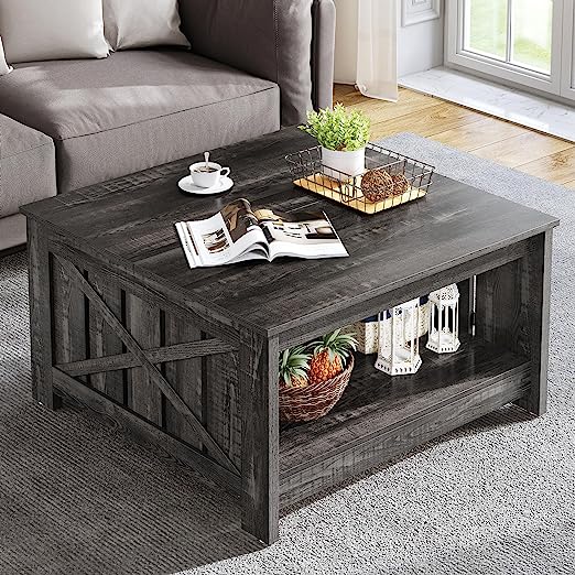 Coffee Table Farmhouse Coffee Table with Storage Rustic Wood Cocktail Table, Square Coffee Table