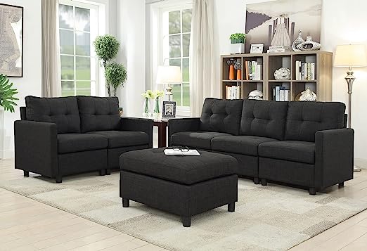 6 Seats Sectional Sofa Set, Modern Tufted Modular Sectional Sofa Upholstered Linen Fabric