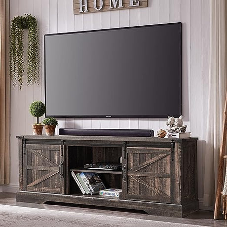 Farmhouse TV Stand for 75 Inch TV with Sliding Barn Door, Entertainment Center