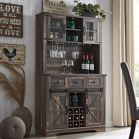 Farmhouse Bar Cabinet, Kitchen Storage Cabinet w/Sliding Barn Door