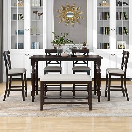 6 Piece Dining Table Set Farmhouse Style Soild Wood Kitchen