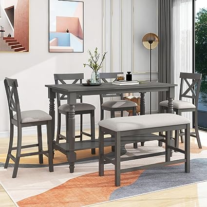 6 Piece Dining Table Set Farmhouse Style Soild Wood Kitchen