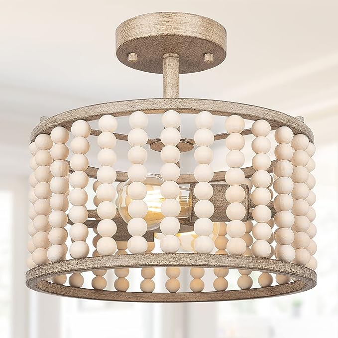 Wood Beaded Chandelier - Boho Ceiling Lights