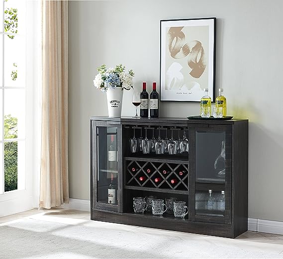Jill Zarin Bar Cabinet with Two Curved Glass Doors in Stone Grey Finish