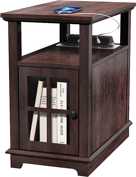 End Table with Charging Station, White Side Table with Storage, 2 Power outlets