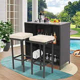 3 Piece Outdoor Rattan Wicker Bar Set with 2 Cushions Stools