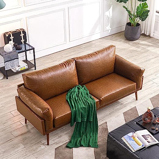 Mid Century Modern Sofa Couch, Faux Leather Couch, 3 Seat Couch Soft