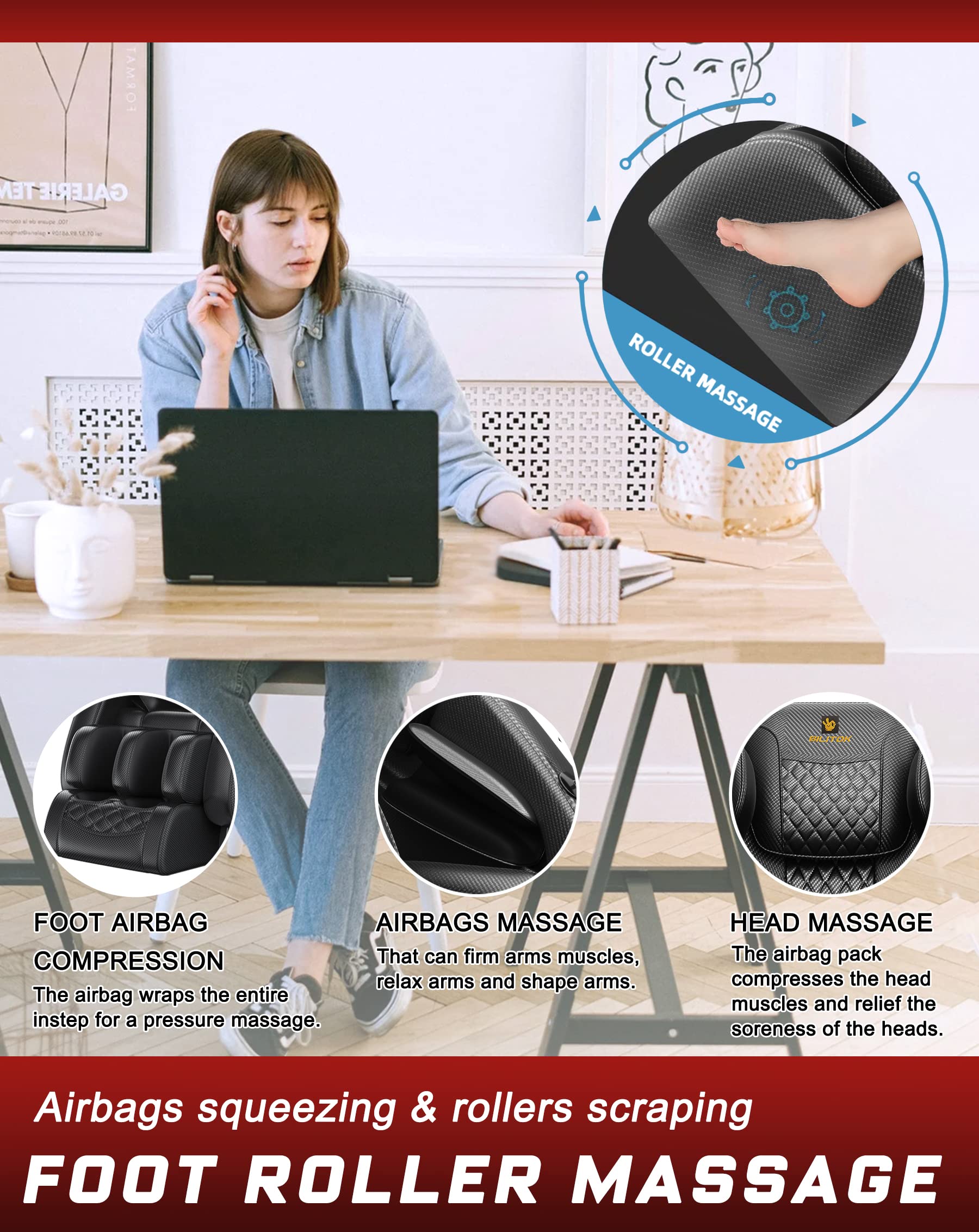 Foot roller massage feature with airbags compression for a deep tissue foot massage, relieving stress and enhancing relaxation.