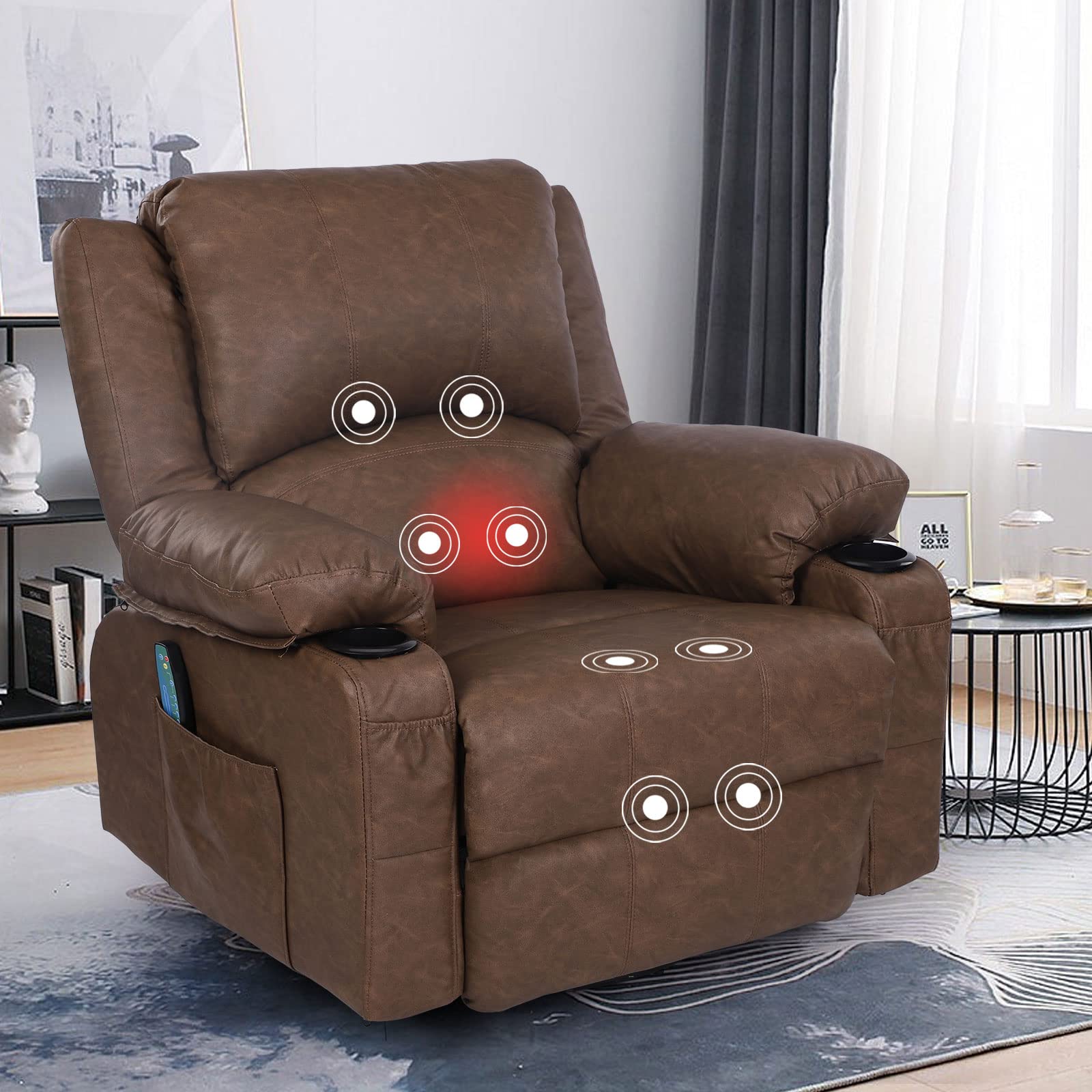Fully reclined ergonomic massage chair with padded armrests and footrest

