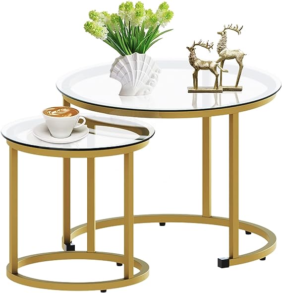 Coffee Table Nesting White Set of 2 Side Set Golden Frame Circular