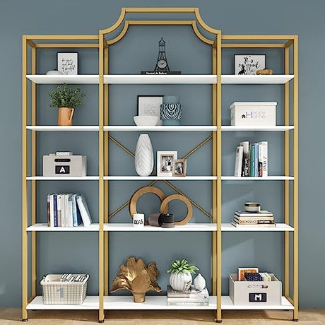 Triple Wide 5-Tier Bookshelf, 70.87" L x 79.13" H Extra Large Gold Bookcase,