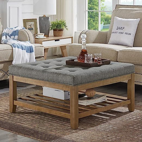 Large Square Upholstered Tufted Linen Ottoman Coffee Table