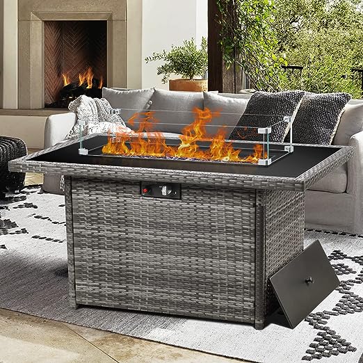 Propane Fire Pit Table,44 Inch 55000 BTU Gas Fire Pit with Glass Wind Guard