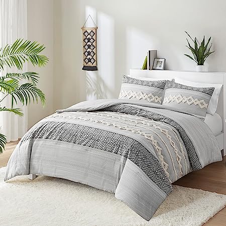 Farmhouse Bedding Comforter Sets King, Ivory Boho Bed Set,Cotton Top with Modern Neutral Style Clipped Jacquard Stripes