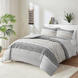 Farmhouse Bedding Comforter Sets King, Ivory Boho Bed Set,Cotton Top with Modern Neutral Style Clipped Jacquard Stripes