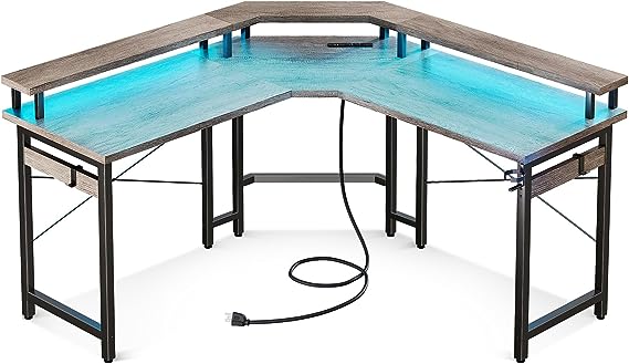 L Shaped Gaming Desk with LED Lights & Power Outlets, 51" Computer Desk