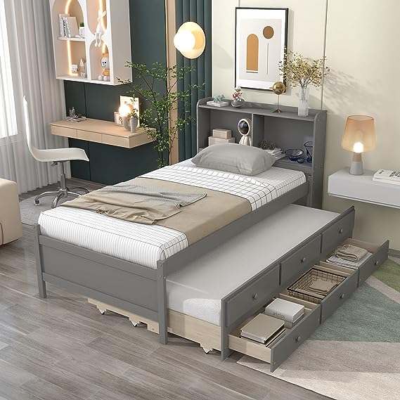 Twin Size Platform Bed with a Nightstand, Wooden Twin Bed Frame with Headboard