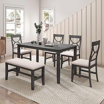 6 Piece Dining Table Set Farmhouse Style Soild Wood Kitchen