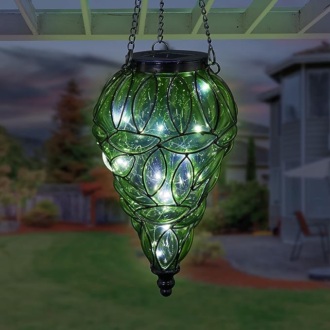 Outdoor Garden Solar Lights, Tear-Shaped Glass Metal Hanging Lantern