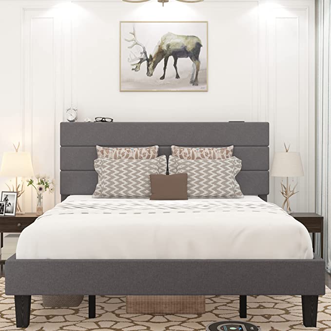 Upholstered Platform Bed Frame with Linen Fabric Simple Style Headboard