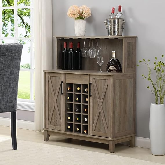 Bar Cabinet with Wine Rack and Glass Doors in Mahogany Finish