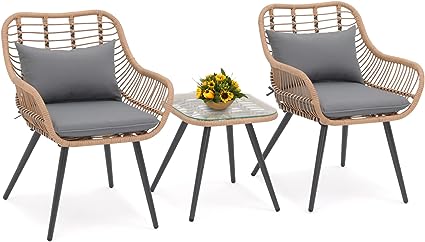 3 Piece Patio Bistro Set, Outdoor Wicker Conversation Chair