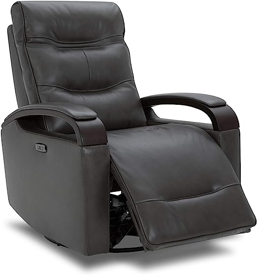 Genuine Leather Power Swivel Glider Rocker Recliner, USB Charge Power Headrest Wooden Contrast