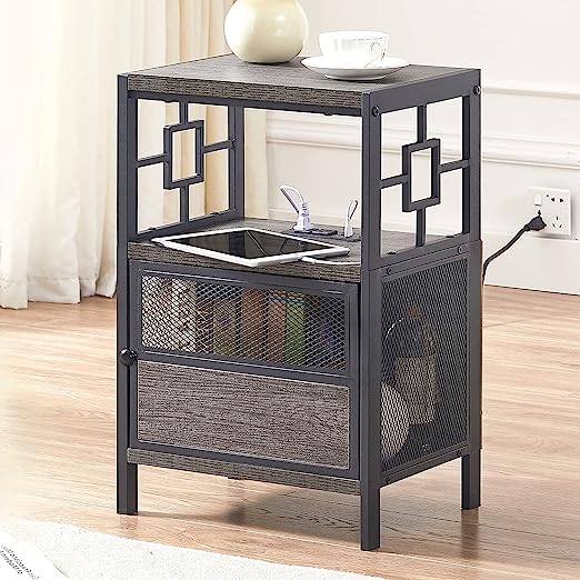 End Table with Charging Station, Industrial Side Table with USB Ports and Outlets, Bedside Tables with Door, 3-Tier Nightstand