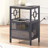 End Table with Charging Station, Industrial Side Table with USB Ports and Outlets, Bedside Tables with Door, 3-Tier Nightstand