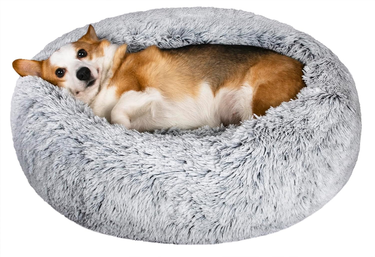 Calming Dog Bed - Anti Anxiety with Removable Cover  Fluffy Plush Faux