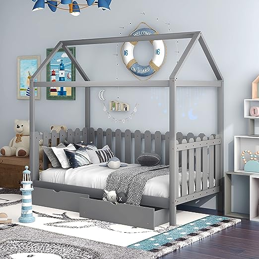 House Bed Twin, Wood House Bed Frame, House Twin Bed with Fence-Shaped Guardrails