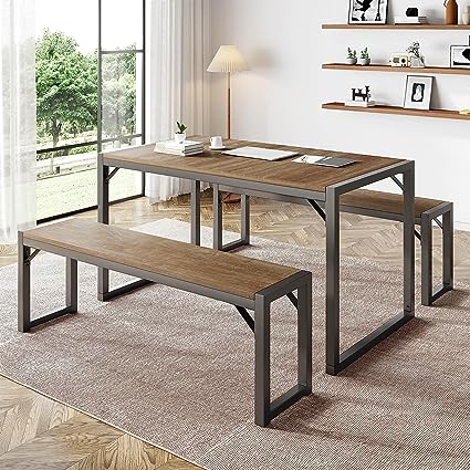 3PC 47.2" Dining Table Set for 4-6, Heavy Duty Kitchen Table with Benches