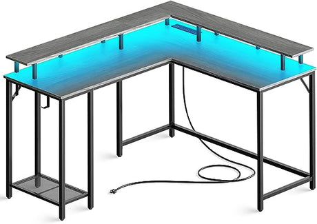 L Shaped Gaming Desk with Power Outlets & LED Lights, Computer Desk