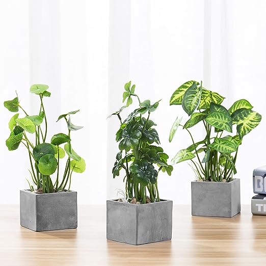 Set of 3 Artificial Plants, Faux Tabletop Greenery w/Clear Glass Pots