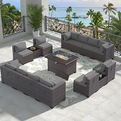 Outdoor Patio Furniture Set with Propane Fire Pit Table, 15 Pieces