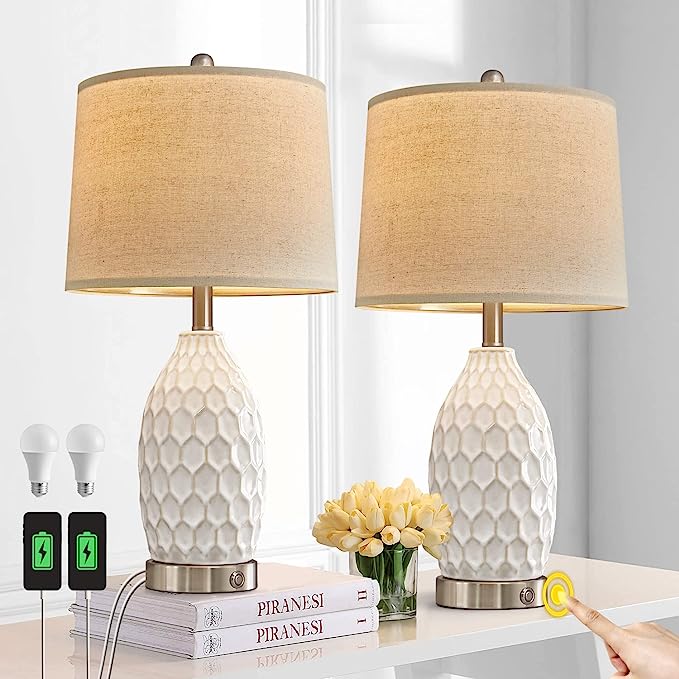 20.5 inches Modern Ceramic White Bedside Lamp Set of 2