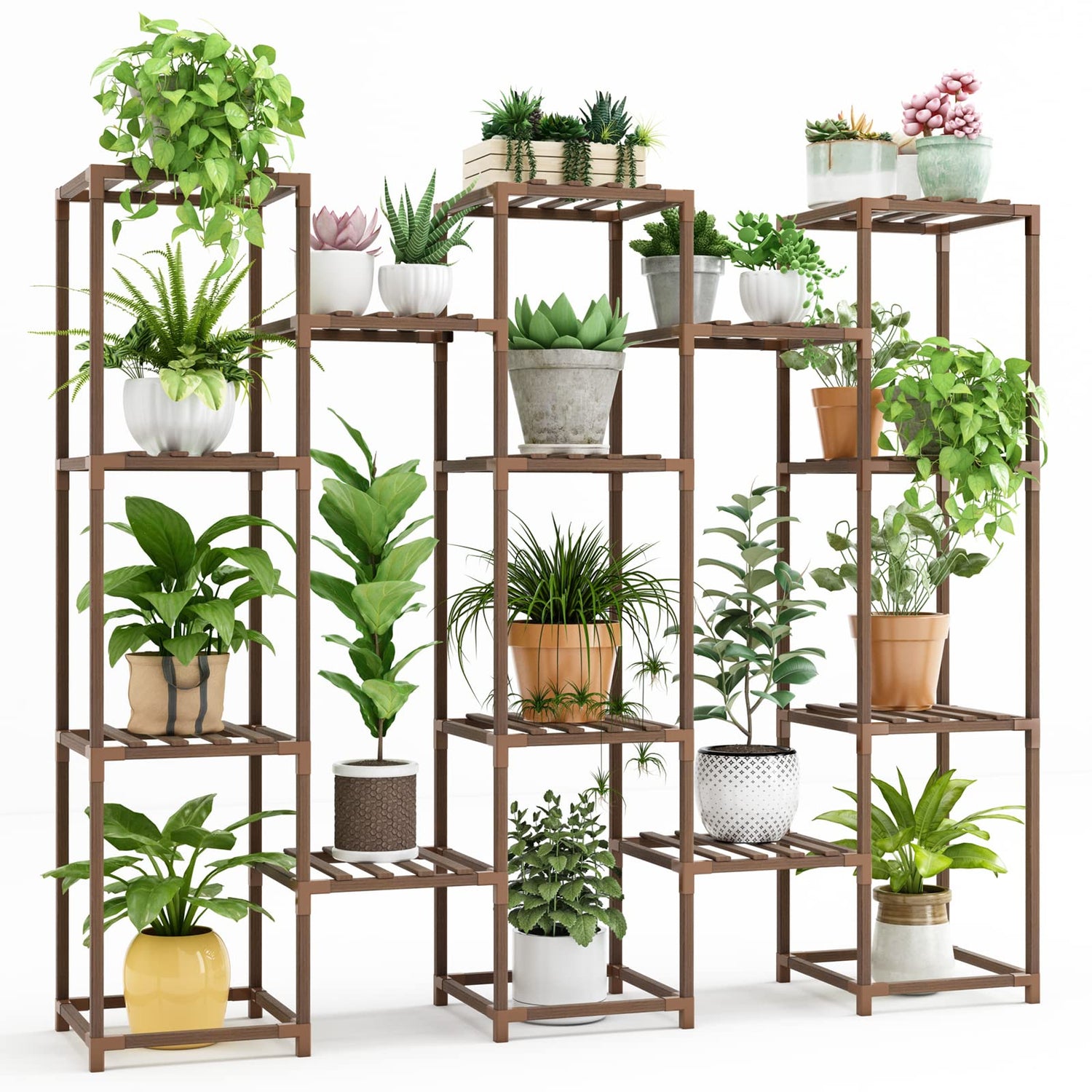 Indoor wooden plant shelf with multiple tiers for small and large pots