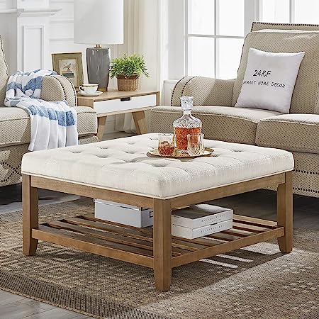 Large Square Upholstered Tufted Linen Ottoman Coffee Table