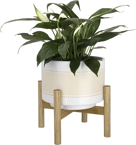 8-Inch Ceramic Planter with Wooden Stand