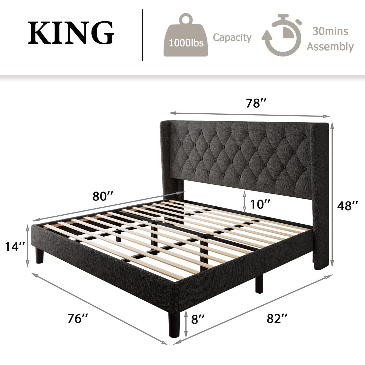 King Size Platform Bed dimensions: 82"L x 76"W x 48"H