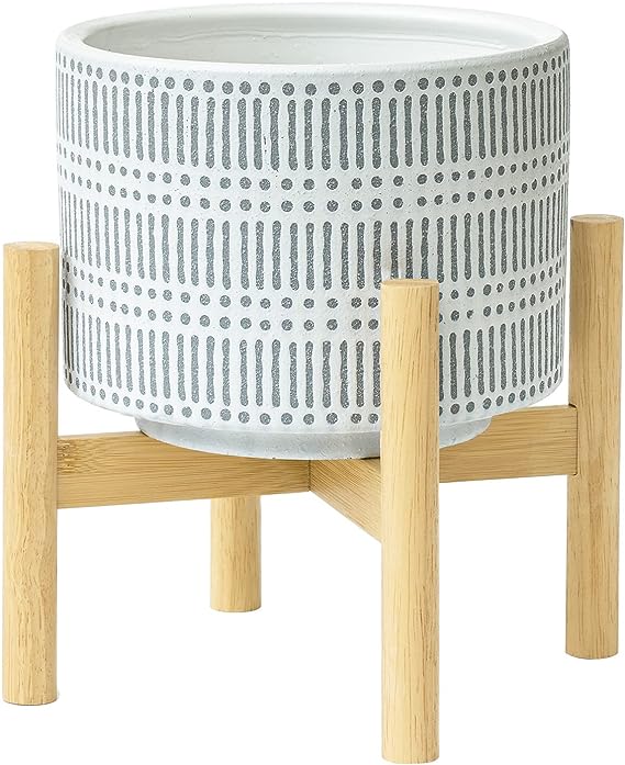 8-Inch Ceramic Planter with Wooden Stand