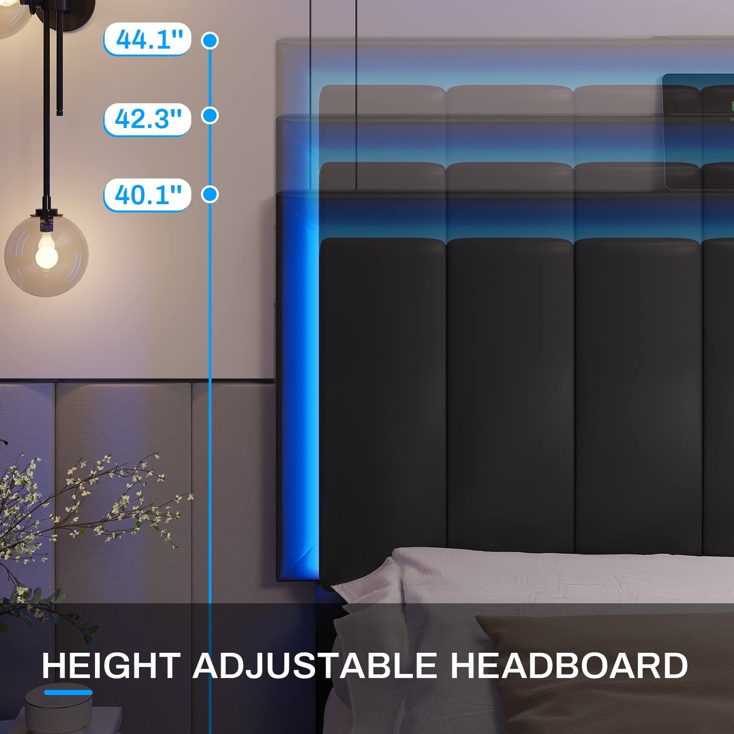 LED Lights Bed Frame with Adjustable Upholstered Headboard