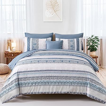 Boho Comforter Set Full Size 8 Piece Bed in a Bag Bohemian Striped Bedding Quilt Set Aqua Paisley